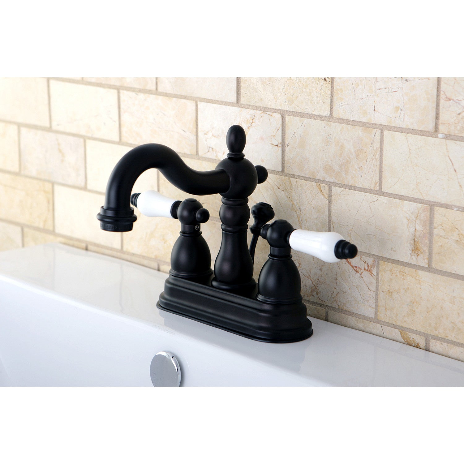 Kingston Heirloom KB1605PL - Heritage Double-Handle 3-Hole Deck Mount 4-Inch Centerset Bathroom Faucet with Pop-Up Drain, Oil Rubbed Bronze — thumbnail 2